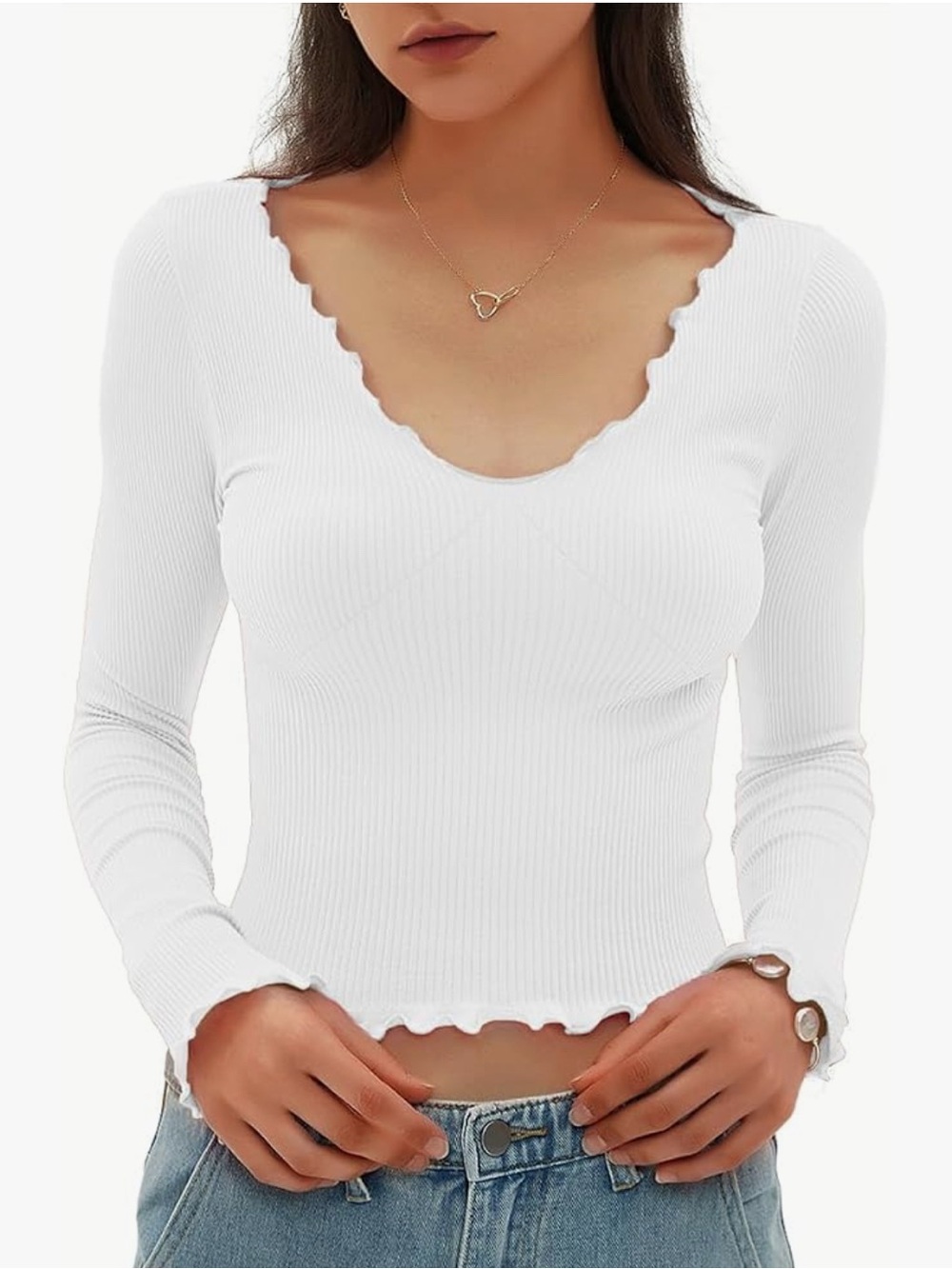 NWT: Amazon: White Ribbed V-Neck Lettuce edge: Long Sleeve: Medium